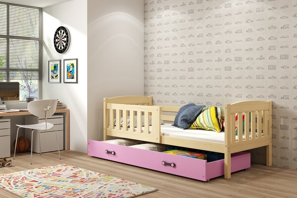 BMS Detská posteľ s úložným priestorom KUBUS borovica Farebné prevedenie šuplíka: Ružová, Veľkosť spacej plochy: 200x90 cm