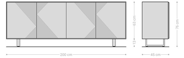 DELIFE Komoda Tereos 200 cm jaseň tmavohnedá 3D efekt 4 dvierka kovová podstava čierna