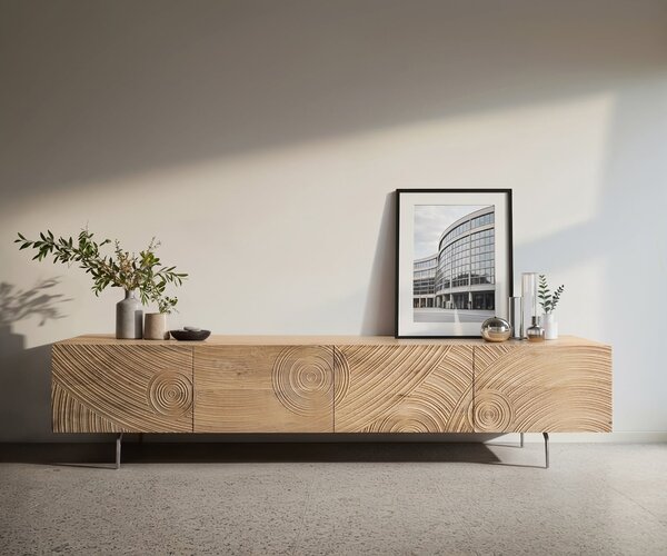 DELIFE TV stolík Ashara 220 cm dub prírodná 3D efekt 4 dvierka podstava v tvare L nerezová oceľ kefovaná