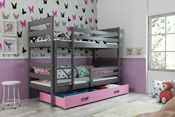 BMS Detská poschodová posteľ s úložným priestorom ERYK grafit Farebné prevedenie šuplíka: Ružová, Veľkosť spacej plochy: 200x90 cm