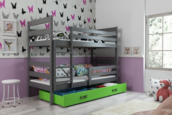 BMS Detská poschodová posteľ s úložným priestorom ERYK grafit Farebné prevedenie šuplíka: Zelená, Veľkosť spacej plochy: 200x90 cm