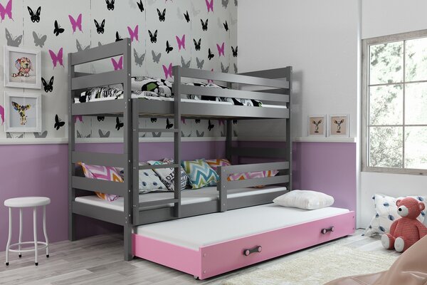 BMS Detská poschodová posteľ s prístelkou ERYK grafit Veľkosť spacej plochy: 200x90 cm, Doplňujúca farba postele: Ružová