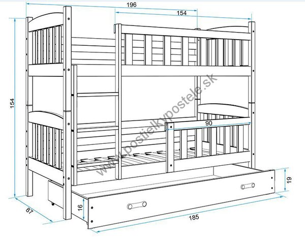Poschodová posteľ KUBO - 190x80cm - Borovica - Zelená