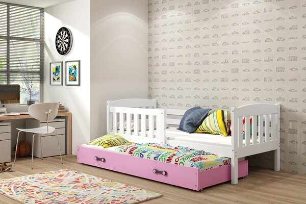 BMS Detská posteľ s prístelkou KUBUS biela Farebné prevedenie šuplíka: Ružová, Veľkosť spacej plochy: 200x90 cm