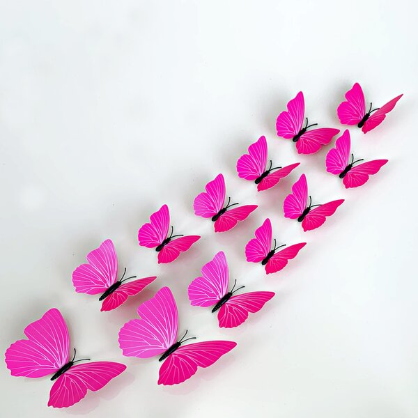 Samolepka na stenu "Plastové 3D Motýle - Ružové" 12ks 6-12 cm