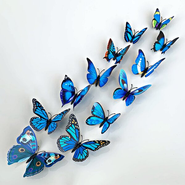Samolepka na stenu "Realistické plastové 3D Motýle - Modré" 12ks 5-12 cm