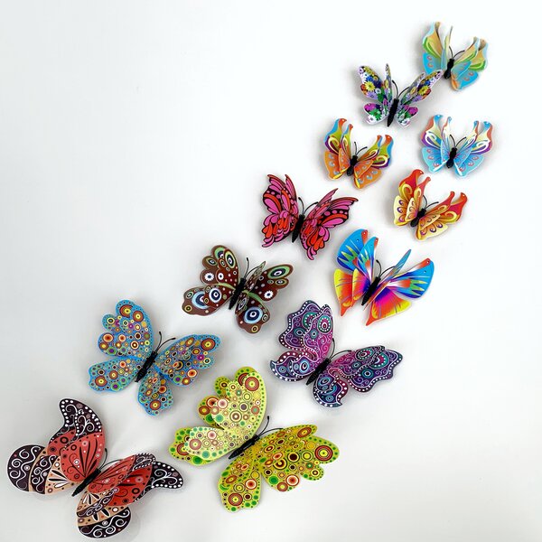 Samolepka na stenu "Realistické plastové 3D Motýle s dvojitými krídlami - Farebné" 12ks 6-12 cm