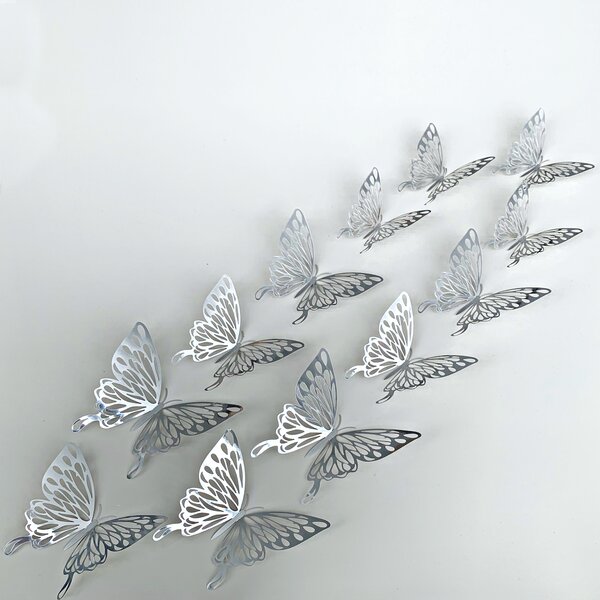 Samolepka na stenu "Metalické Motýle - Strieborné 3" 12 ks 8-12 cm
