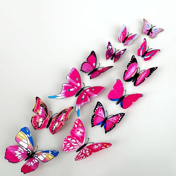 Samolepka na stenu "Realistické plastové 3D Motýle - Ružové" 12ks 5-12 cm