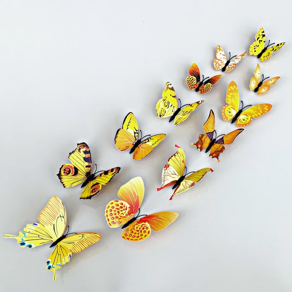 Samolepka na stenu "Realistické plastové 3D Motýle - Žlté" 12ks 5-12 cm
