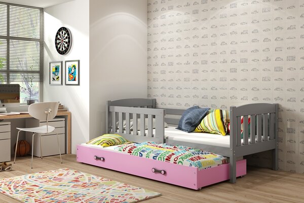 BMS Detská posteľ s prístelkou KUBUS grafit Farebné prevedenie šuplíka: Ružová, Veľkosť spacej plochy: 200x90 cm