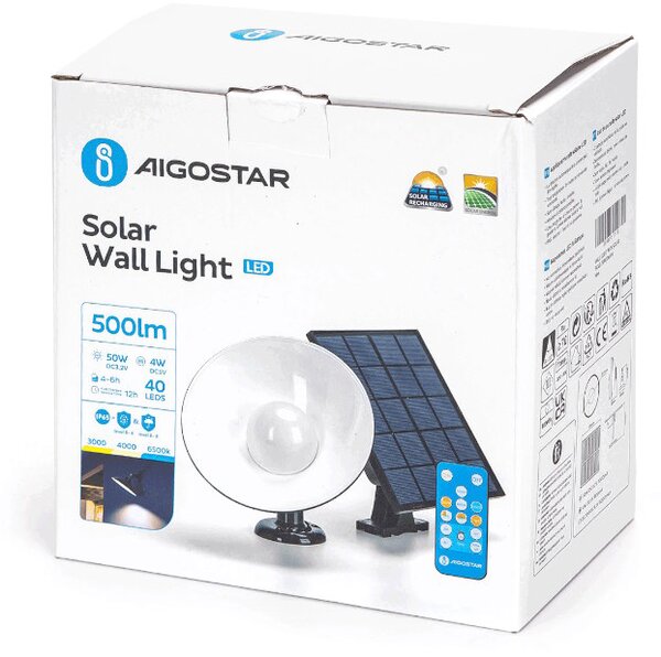 LED solárne nástenné svietidlo s DO 500lm IP65 (AS-309541)