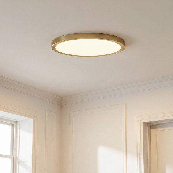 Lindby Stropné LED svetlo Sorela, Ø 40 cm, zlaté, stmievateľné, Mosadz / zlato, Obývacia izba / jedáleň, kov, Moderný, Závesné svietidlo