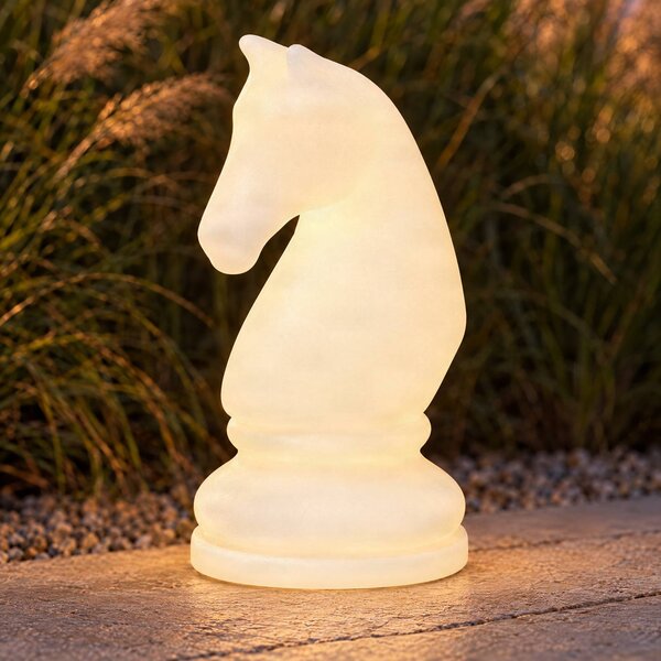 Lucande LED stojacia lampa Gambi, šachová figúrka – jazdec, IP44, Biela / opálová, Plast, Dizajn