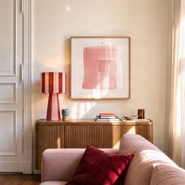 Lindby Stolová lampa Suly, červená/ružová, bavlna, výška 40 cm, Červená, Obývacia izba / jedáleň, Textil / látka / hodváb, Štýl mladých, Stojacie svietidlo