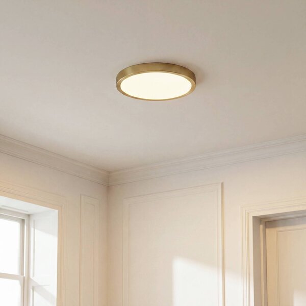 Lindby Stropné LED svetlo Sorela, Ø 24 cm, zlaté, stmievateľné, Mosadz / zlato, Obývacia izba / jedáleň, kov, Moderný, Závesné svietidlo