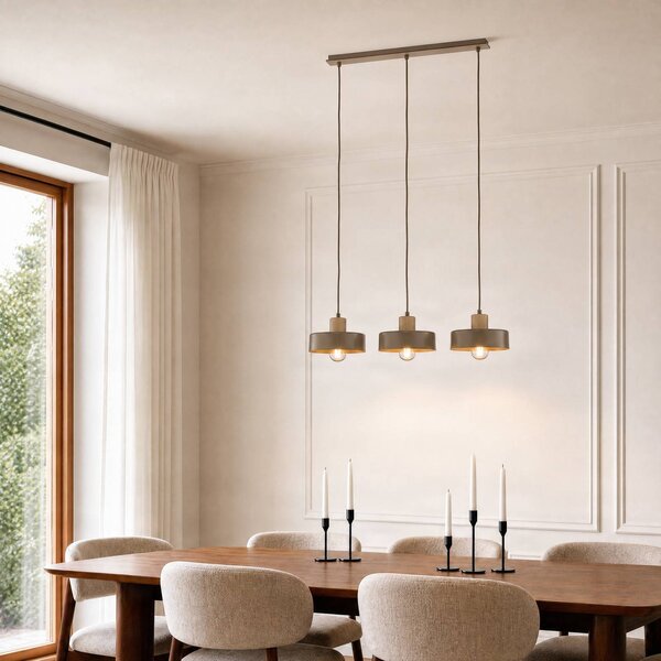 EMIBIG LIGHTING Závesné svietidlo Torin, béžové, dĺžka 80 cm, 3-pl., kov/drevo, Krémová / jantárovo žltá, Obývacia izba / jedáleň, kov, Škandinávsky, Závesné svietidlo