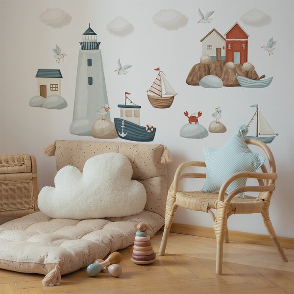 Detská nálepka na stenu Sea voyage - maják, loďky a domčeky