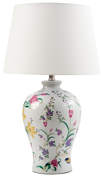 Stolná lampa biela porcelánový podstavec ľanové tienidlo kvetinový vzor osvetlenie obývacia izba spálňa