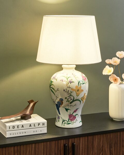 Stolná lampa biela porcelánový podstavec ľanové tienidlo kvetinový vzor osvetlenie obývacia izba spálňa