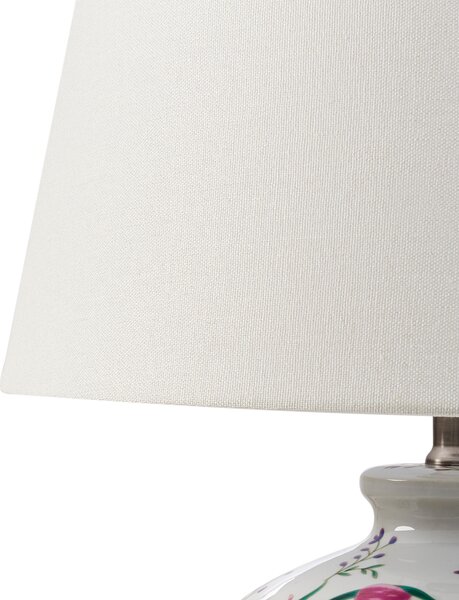 Stolná lampa biela porcelánový podstavec ľanové tienidlo kvetinový vzor osvetlenie obývacia izba spálňa