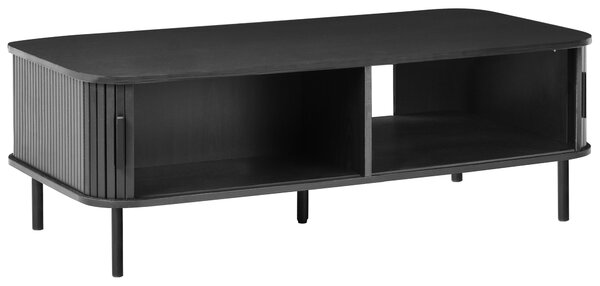 Konferenčný stolík čierny MDF kov 120 x 60 retro štýl posuvné dvierka úložný priestor obývacia izba