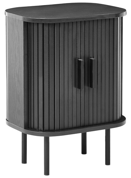 Nočný stolík čierny MDF kov 40 x 30 cm retro štýl posuvné dvierka obývacia izba