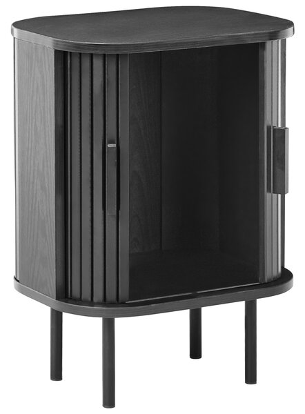 Nočný stolík čierny MDF kov 40 x 30 cm retro štýl posuvné dvierka obývacia izba
