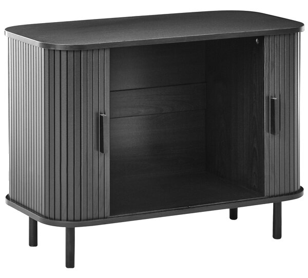 Komoda čierna MDF kov posuvné dvierka úložný priestor retro štýl obývacia izba