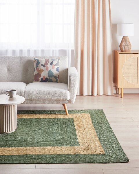 Koberec zelený jutový 200 x 300 cm pletený ručne vyrobený geometrický vzor prírodný boho štýl textil