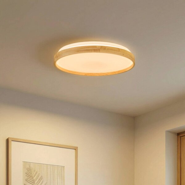 Lindby Smart LED stropné svietidlo Mirren wood Ø39,5cm Tuya, Obývacia izba / jedáleň, Plast, Moderný, Závesné svietidlo