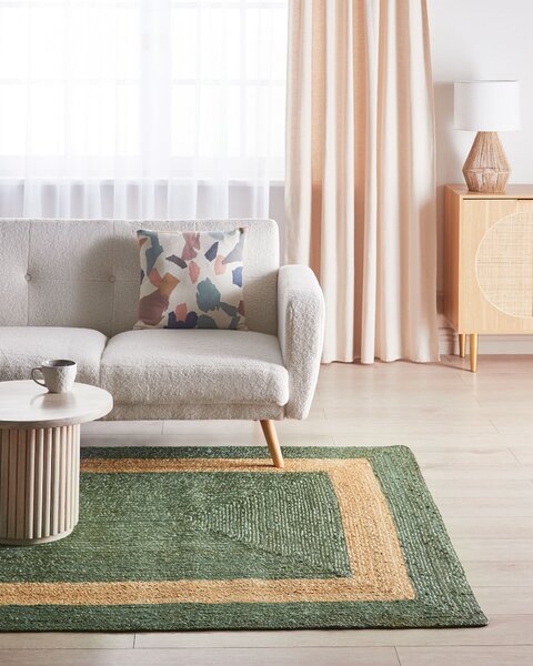 Koberec zelený jutový 160 x 230 cm pletený ručne vyrobený geometrický vzor prírodný boho štýl textil