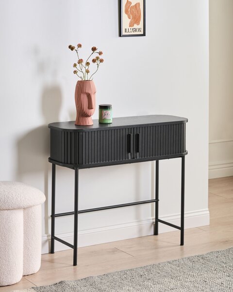 Konzolový stôl čierny MDF kov 80 x 30 cm retro štýl posuvné dvierka obývacia izba