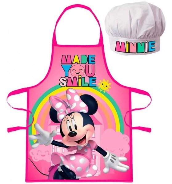Detská / dievčenská zástera s kuchárskou čiapkou Minnie Mouse - Disney - motív s dúhou - pre deti 3 - 8 rokov
