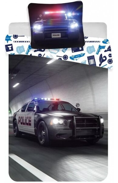 Bavlnené posteľné obliečky s policajným autom - 100% bavlna - 70 x 90 cm + 140 x 200 cm