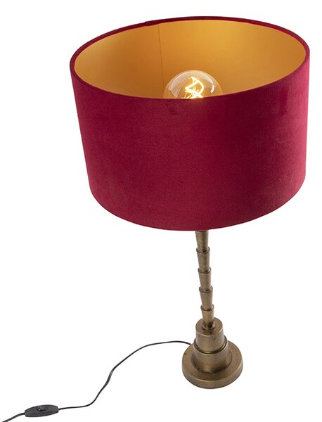 Art Deco stolná lampa bronzová s tienidlom z červeného zamatu 35 cm - Pisos