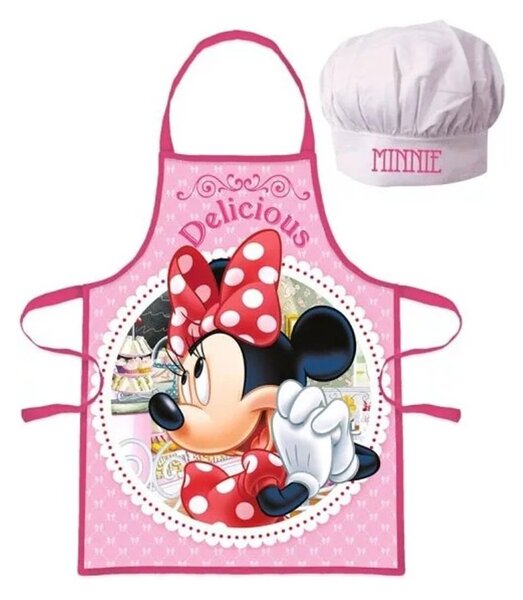 Detská / dievčenská zástera s kuchárskou čiapkou Minnie Mouse - Disney - motív Delicious - pre deti 3 - 8 rokov