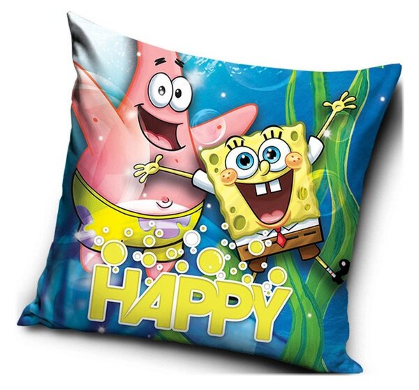 Obliečka na vankúš Spongebob a Patrik - motív HAPPY - 40 x 40 cm