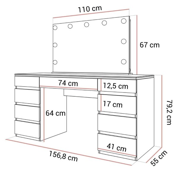 TOALETNÝ STOLÍK NESSIE DOUBLE BIELY LESK + STRIEBORNÝ + ZRKADLO 157 cm