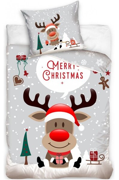 Vianočné bavlnené posteľné obliečky Sob Rudolf - sivý variant - 100% bavlna Renforcé - 70 x 90 cm + 140 x 200 cm