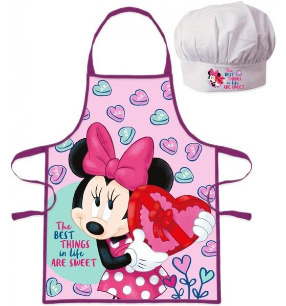 Dievčenská zástera s kuchárskou čiapkou Minnie Mouse s bonboniérou