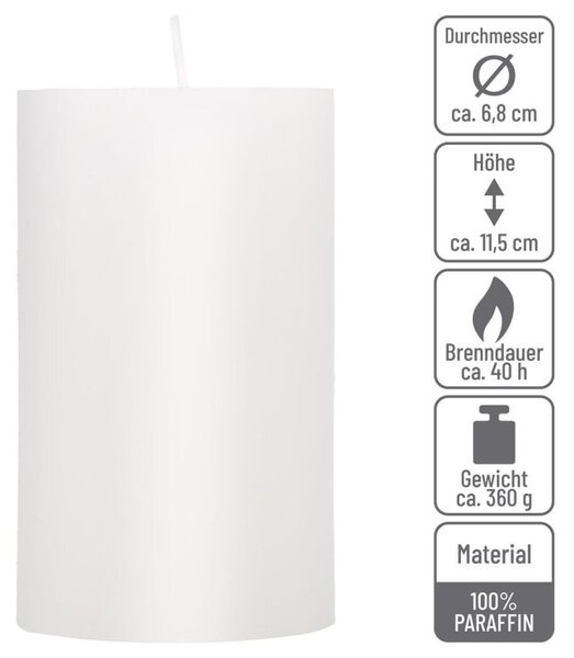 Biela parafínová sviečka v rustikálnom štýle, 11,5 cm, 40 h