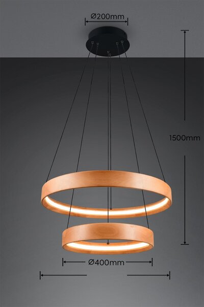 TRIO 355039130 LYNWOOD závesné svietidlo D600mm SMD LED 37W/4300lm 3000K drevo, switchdimmer