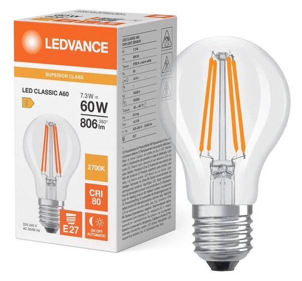 LED Žiarovka so senzorom súmraku CLASSIC FILAMENT A60 E27/7,3W/230V 2700K -Osram