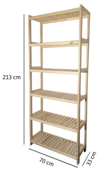 Drevený regál s 6 policami, 213 × 70 × 33 cm, borovica