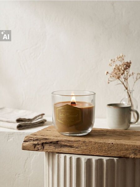 Sinsay - Vonná sviečka s dreveným knôtom Salted Carmel - jantárová