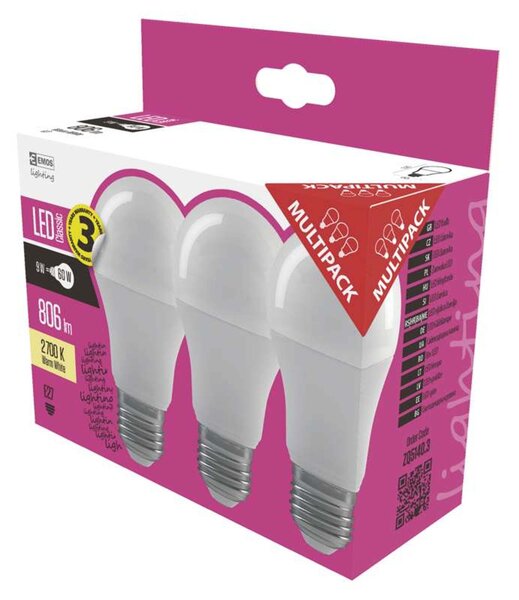 LED ŽIAROVKA 3KS KLASICKÁ A60/E27/8,5W(60W)