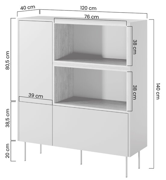 Vysoká komoda Desin 120 cm s dvoma dverami a zásuvkou - kasmír / dub Nagano