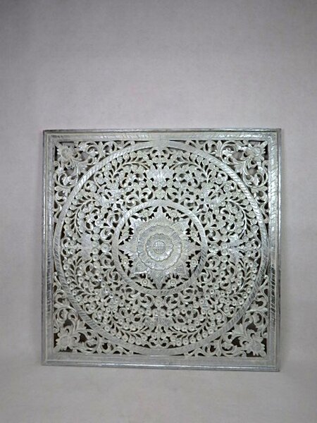 Dekorácia na stenu Mandala biela strieborná, 110x110 cm, ručná práca, drevo