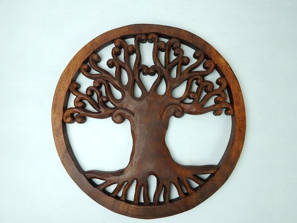 Dekorácia na stenu MANDALA STROM ŽIVOTA III,hnedý, exotické drevo, ručná práca, 40 cm
